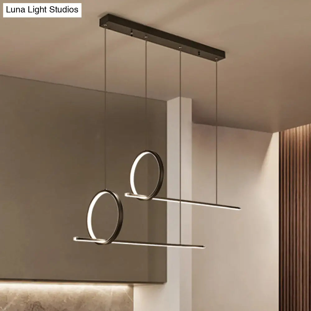 Minimalistic Iron Led Island Light Fixture: Linear And Ring Design - Black Finish 2-Head Hanging