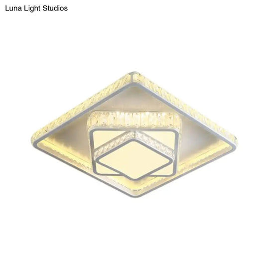 Minimalistic Led Crystal Flush Lamp: White Ceiling-Mounted Fixture With Square Block Design