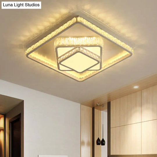 Minimalistic Led Crystal Flush Lamp: White Ceiling-Mounted Fixture With Square Block Design