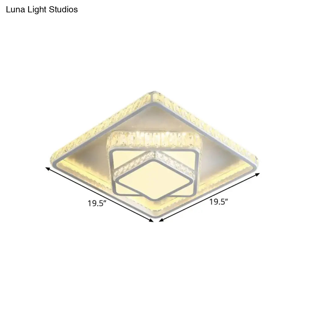 Minimalistic Led Crystal Flush Lamp: White Ceiling-Mounted Fixture With Square Block Design