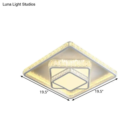 Minimalistic Led Crystal Flush Lamp: White Ceiling-Mounted Fixture With Square Block Design