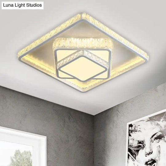 Minimalistic Led Crystal Flush Lamp: White Ceiling-Mounted Fixture With Square Block Design /