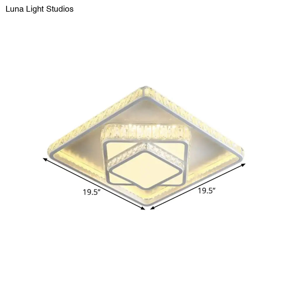Minimalistic Led Crystal Flush Lamp: White Ceiling - Mounted Fixture With Square Block Design
