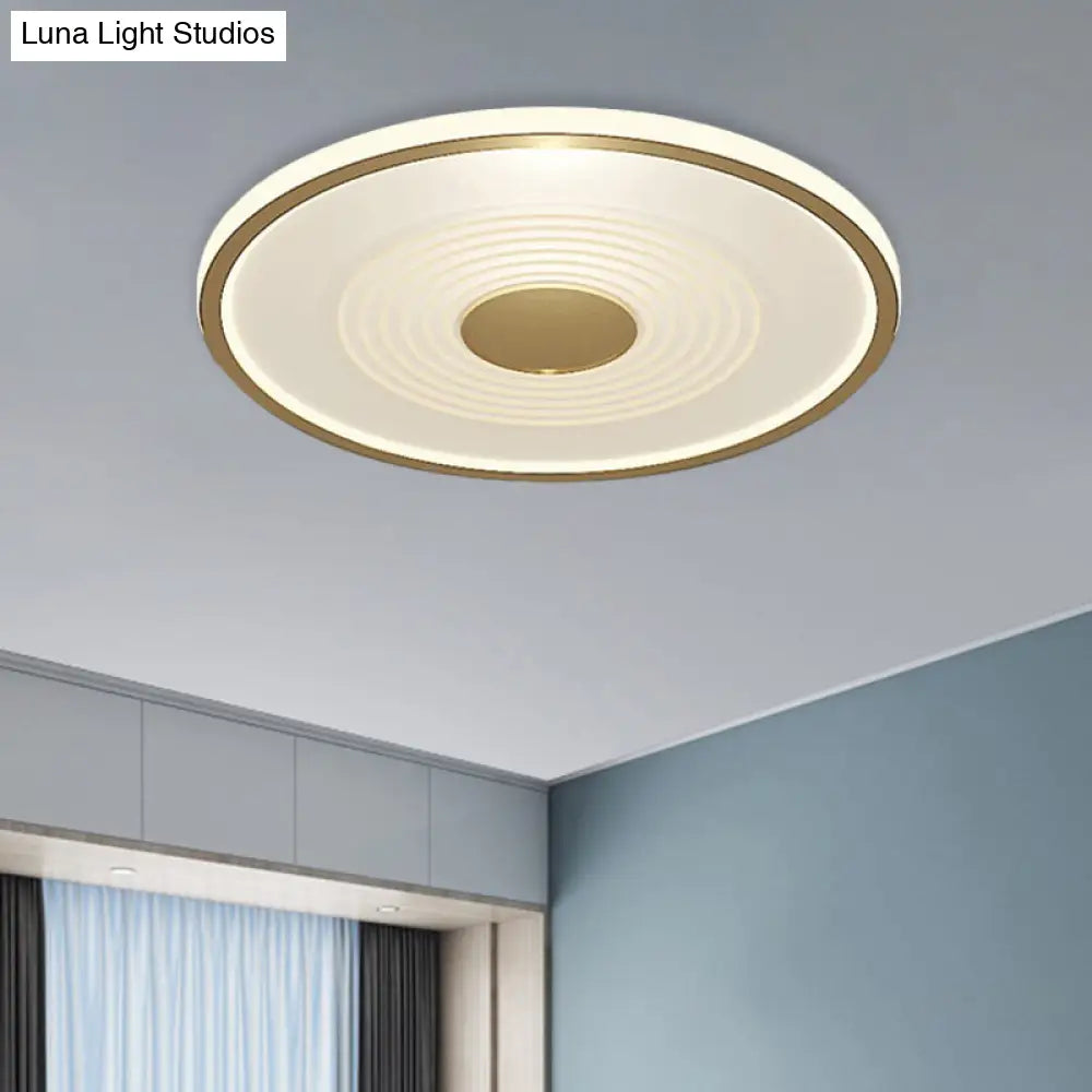 Minimalistic Led Flush Mount Lamp For Bedroom With White - Gold Finish And Acrylic Disc Shade -