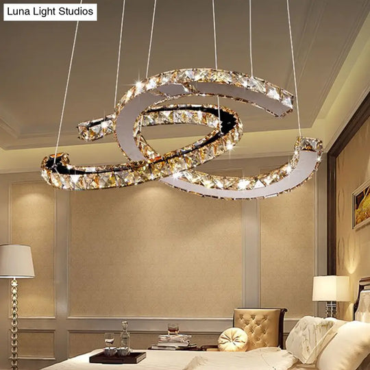 Minimalistic Led Pendant Chandelier With Crystal C Shape - Stainless Steel Ceiling Light