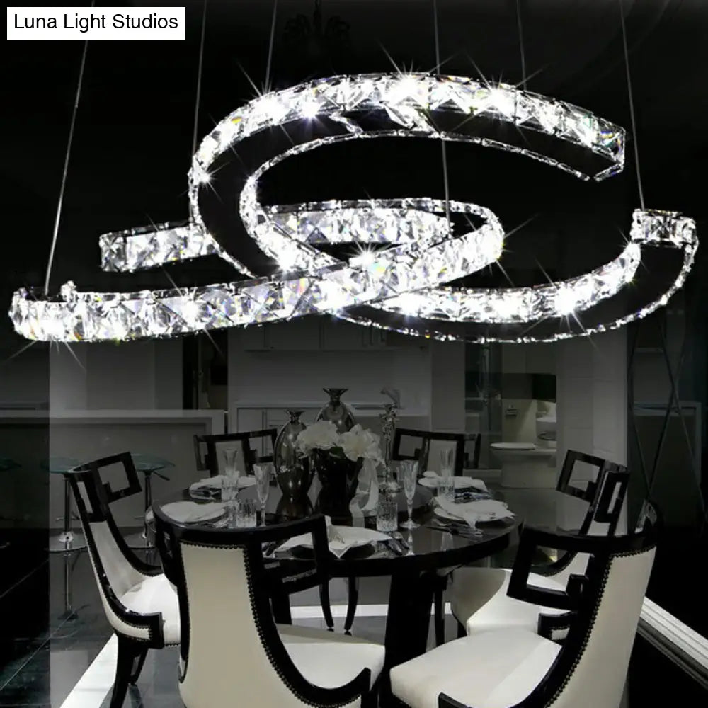 Minimalistic Led Pendant Chandelier With Crystal C Shape - Stainless Steel Ceiling Light