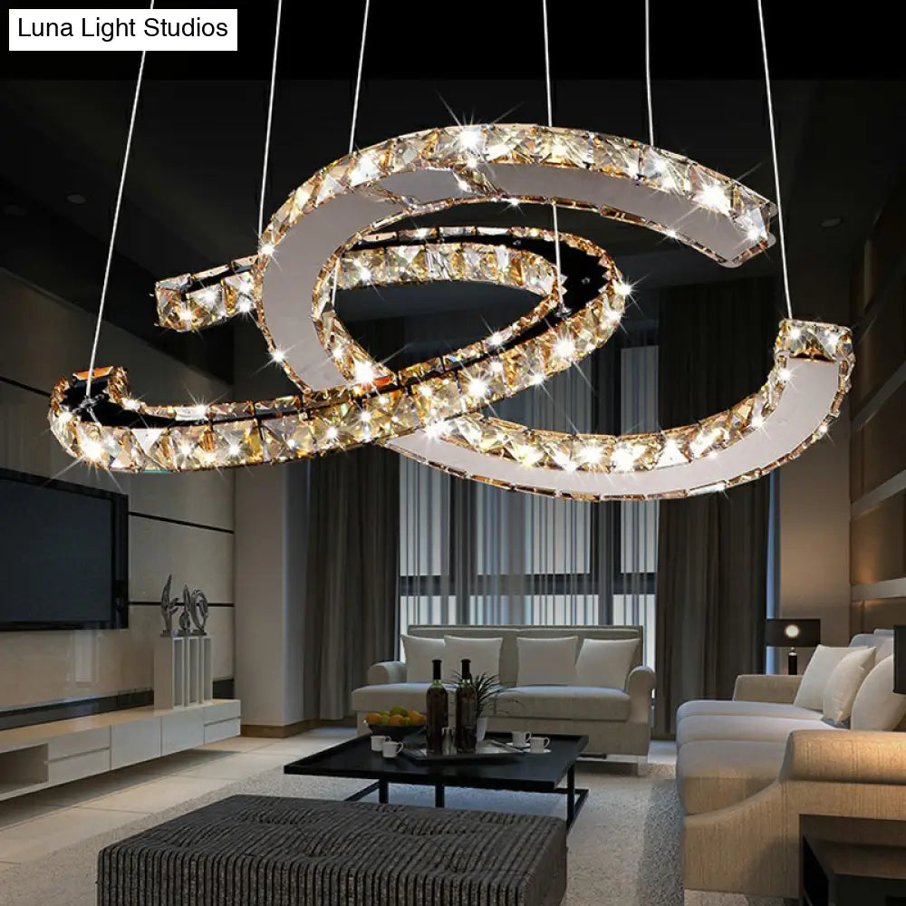 Minimalistic Led Pendant Chandelier With Crystal C Shape - Stainless Steel Ceiling Light