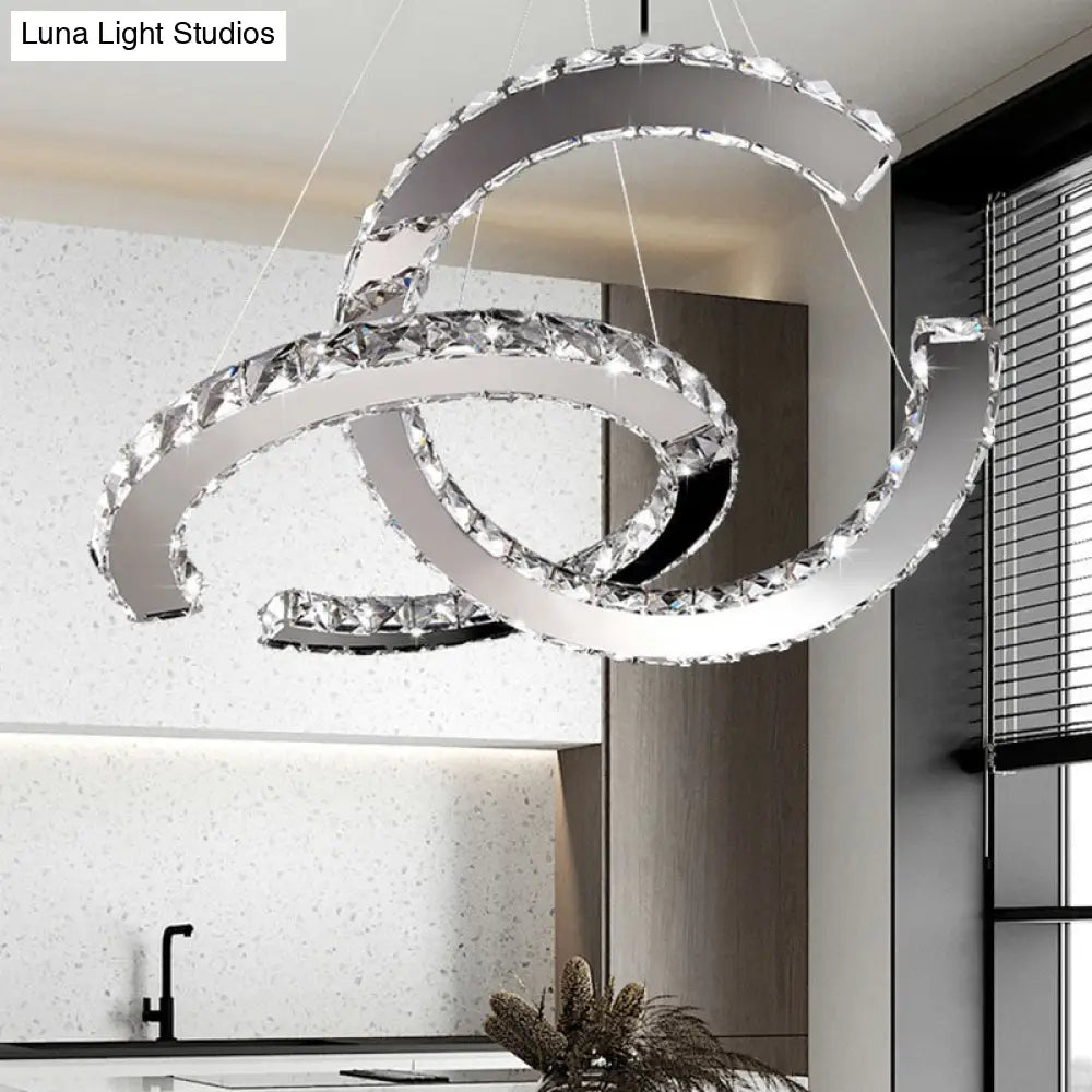 Minimalistic Led Pendant Chandelier With Crystal C Shape - Stainless Steel Ceiling Light