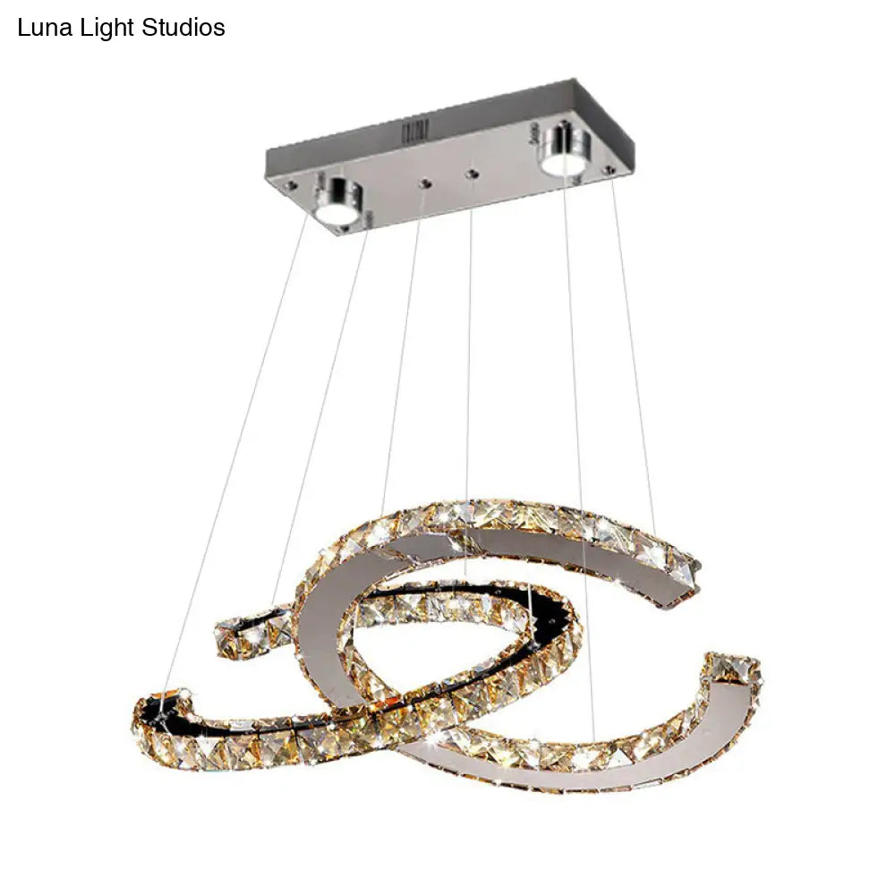 Minimalistic Led Pendant Chandelier With Crystal C Shape - Stainless Steel Ceiling Light