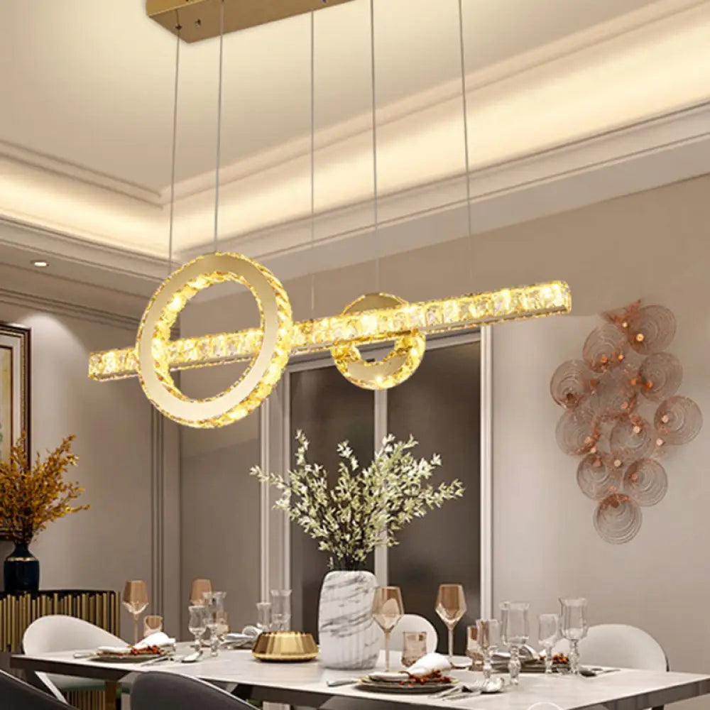 Minimalistic Led Pendant Lighting Fixture With Beveled Cut Crystal Linear And Ring Hanging Design -