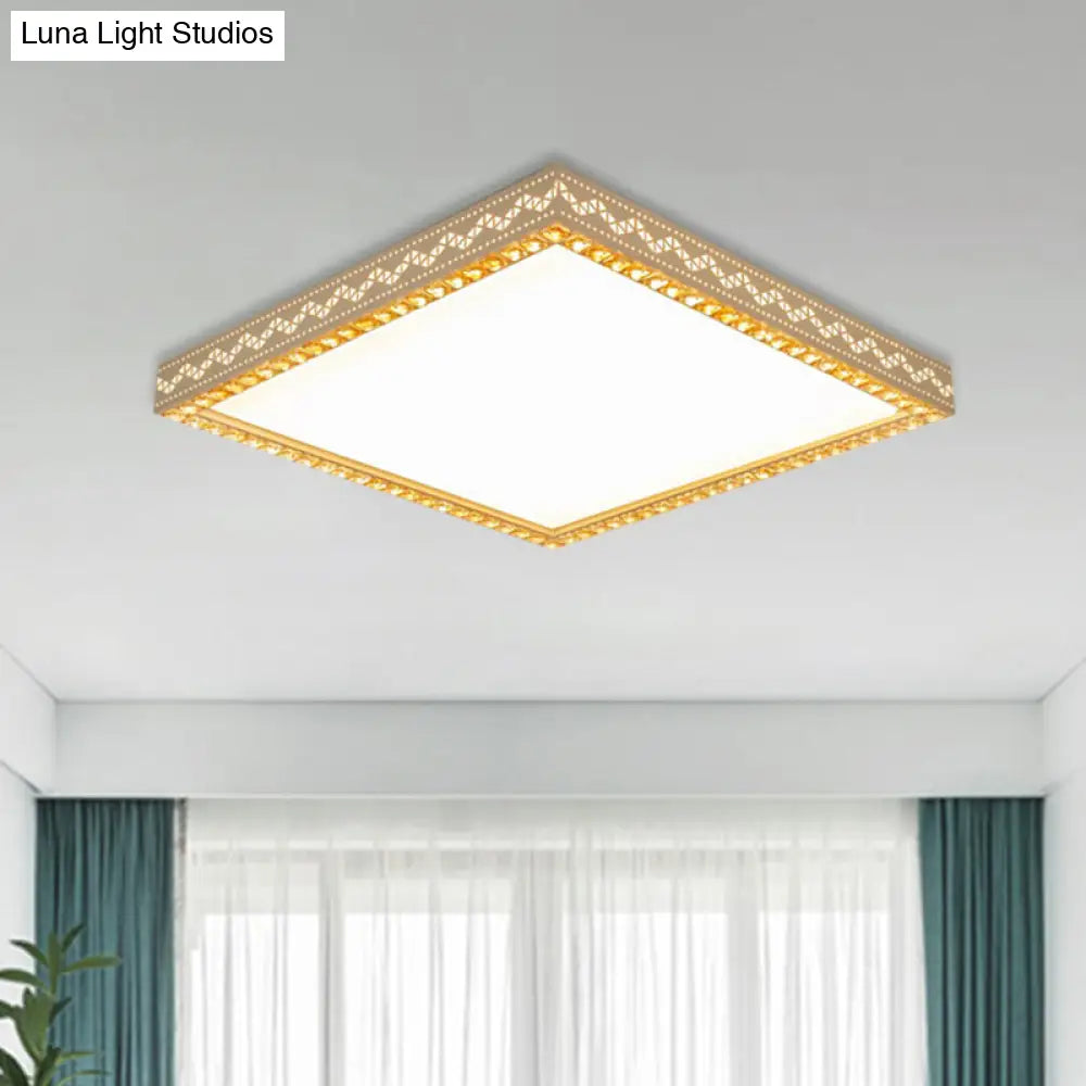 Minimalistic Led White Flush Ceiling Light With Crystal Block Deco - Metallic Finish