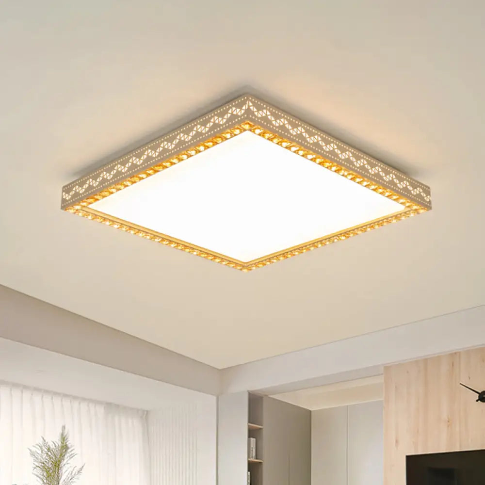 Minimalistic Led White Flush Ceiling Light With Crystal Block Deco - Metallic Finish