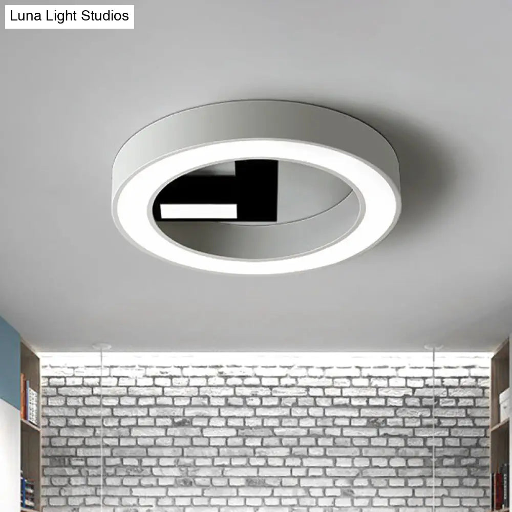 Minimalistic Metal Led Flush Mount Ceiling Light In White & Black - Clock-Shaped For Bedroom