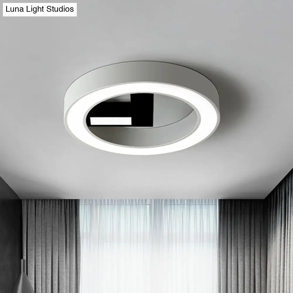 Minimalistic Metal Led Flush Mount Ceiling Light In White & Black - Clock-Shaped For Bedroom