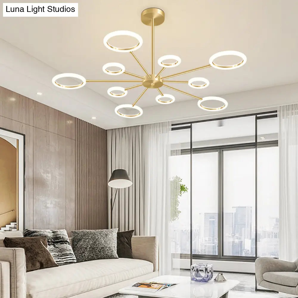 Minimalistic Gold Metal Sputnik Led Chandelier With Acrylic Circle Shade - Stylish Hanging Light