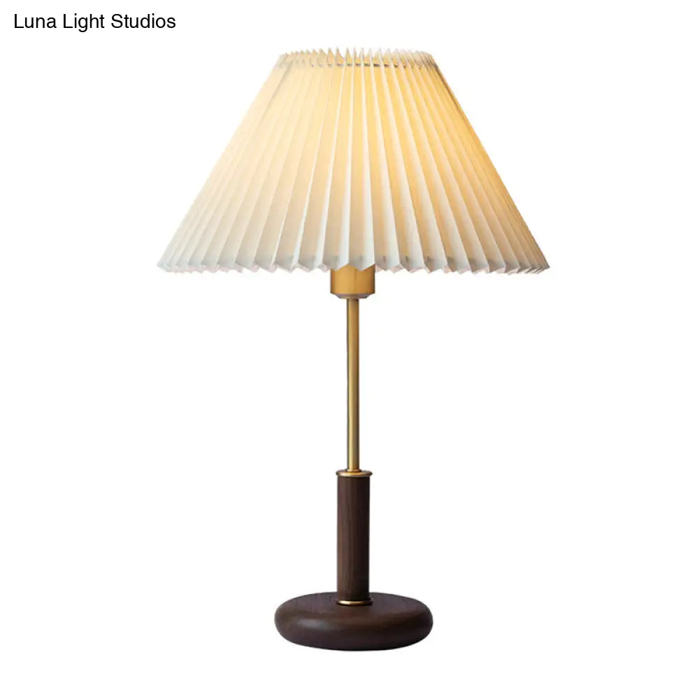 Minimalistic Plastic Beige Table Lamp: Pleated Shade Conical Design 1 Bulb Brown Base