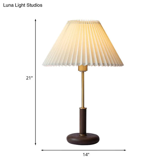 Minimalistic Plastic Beige Table Lamp: Pleated Shade Conical Design 1 Bulb Brown Base