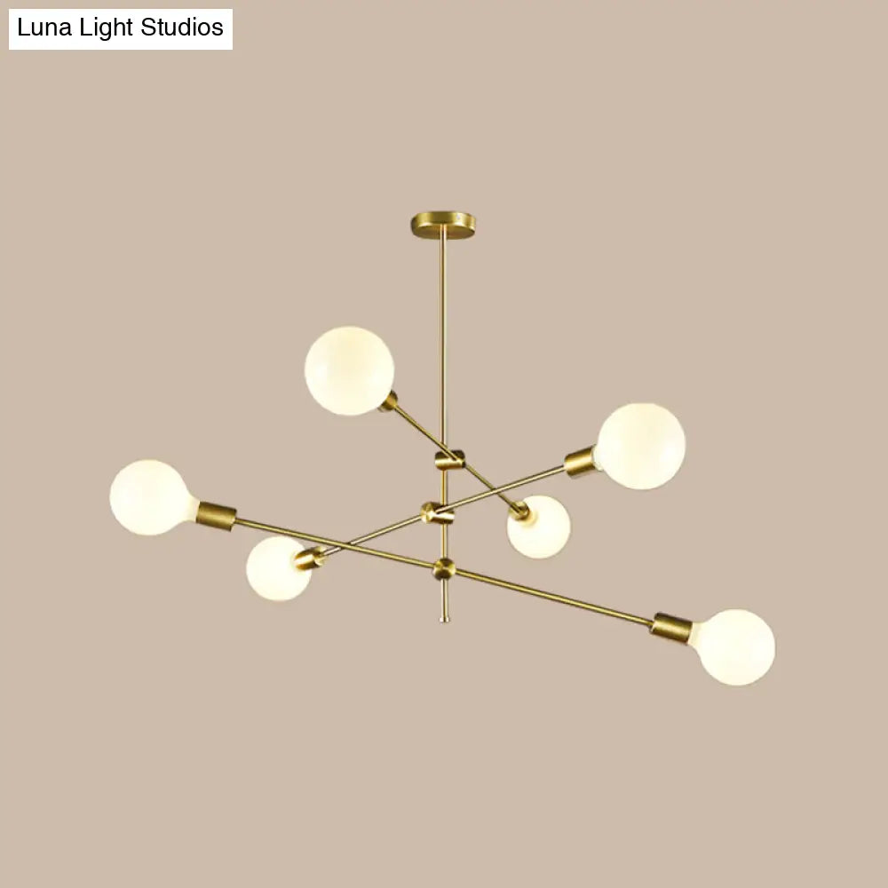 Minimalistic Rotatable White Ball Glass Chandelier - Gold Suspension Pendant Light With 6 Bulbs