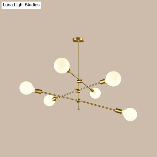 Minimalistic Rotatable White Ball Glass Chandelier - Gold Suspension Pendant Light With 6 Bulbs