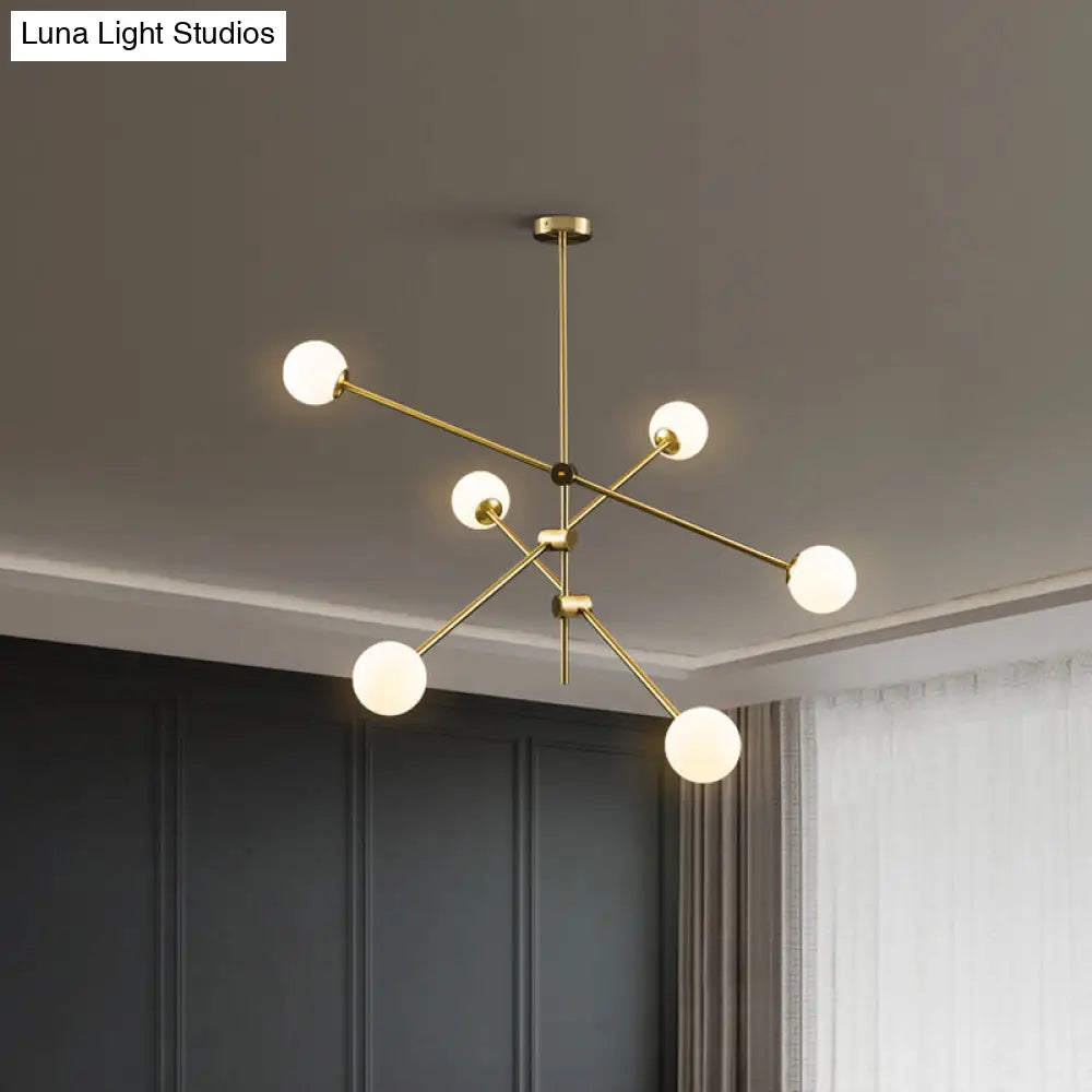 Minimalistic Rotatable White Ball Glass Chandelier - Gold Suspension Pendant Light With 6 Bulbs