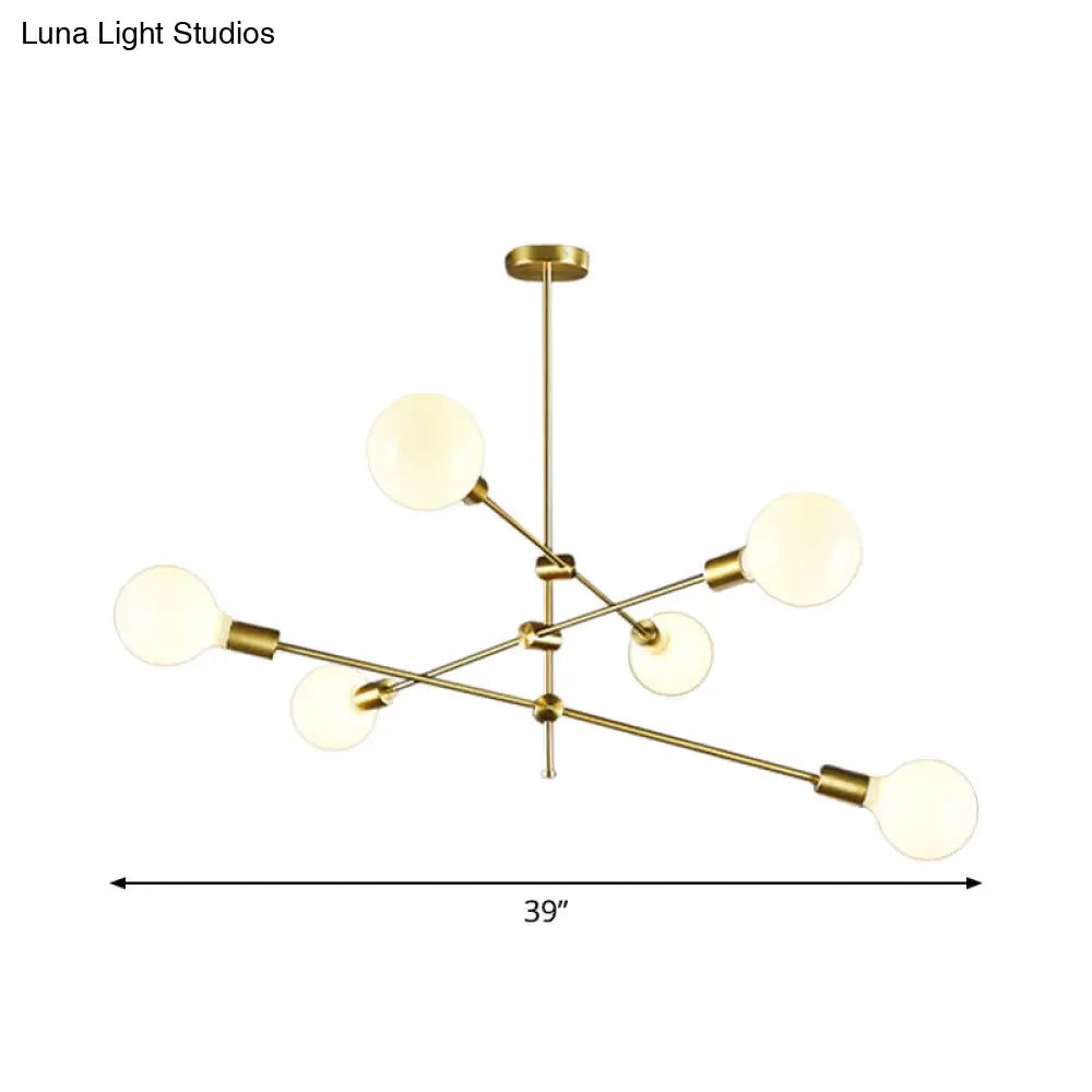 Minimalistic Rotatable White Ball Glass Chandelier - Gold Suspension Pendant Light With 6 Bulbs