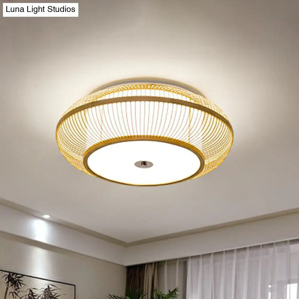 Minimalistic Round Bamboo Flushmount Ceiling Light - Single-Head Aisle Fixture With Natural Wood