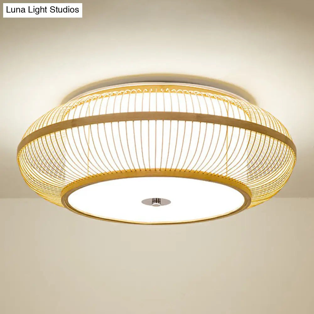 Minimalistic Round Bamboo Flushmount Ceiling Light - Single - Head Aisle Fixture With Natural Wood