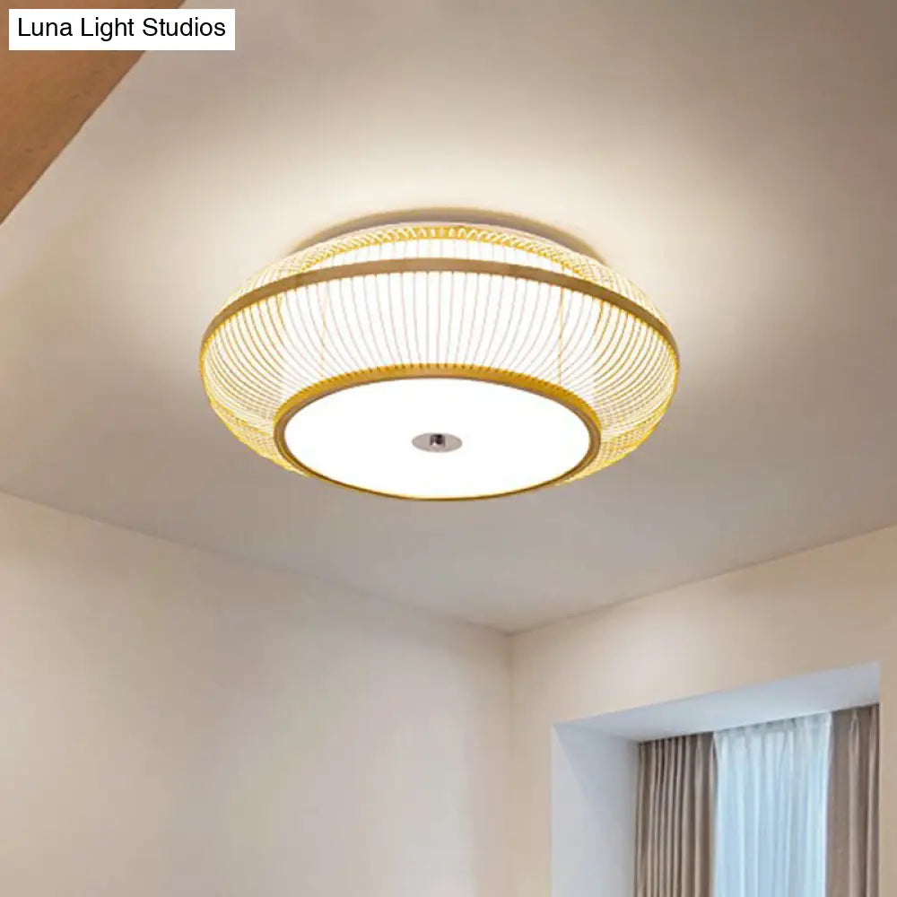 Minimalistic Round Bamboo Flushmount Ceiling Light - Single-Head Aisle Fixture With Natural Wood