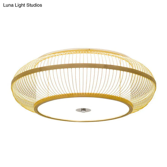 Minimalistic Round Bamboo Flushmount Ceiling Light - Single-Head Aisle Fixture With Natural Wood