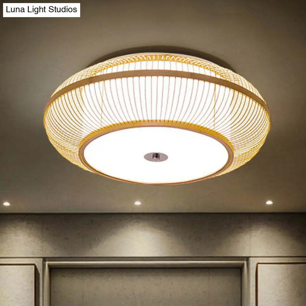 Minimalistic Round Bamboo Flushmount Ceiling Light - Single-Head Aisle Fixture With Natural Wood