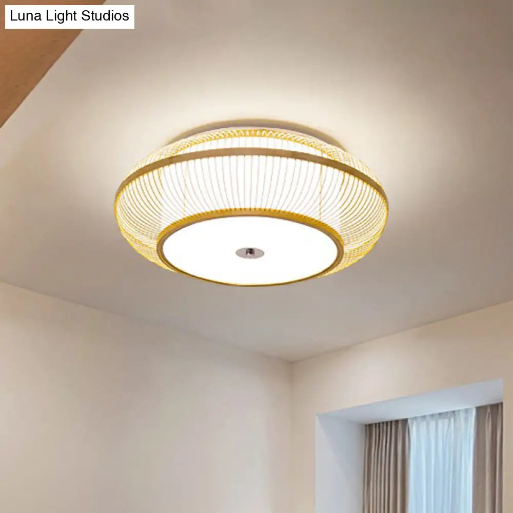 Minimalistic Round Bamboo Flushmount Ceiling Light - Single - Head Aisle Fixture With Natural Wood