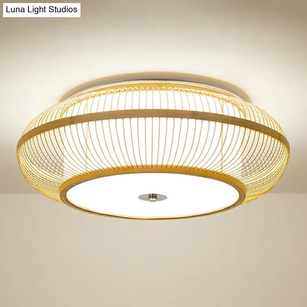 Minimalistic Round Bamboo Flushmount Ceiling Light - Single-Head Aisle Fixture With Natural Wood