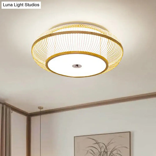 Minimalistic Round Bamboo Flushmount Ceiling Light - Single-Head Aisle Fixture With Natural Wood