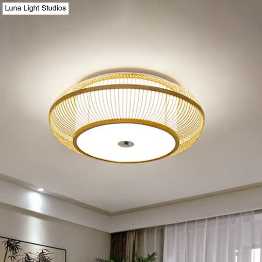 Minimalistic Round Bamboo Flushmount Ceiling Light - Single - Head Aisle Fixture With Natural Wood