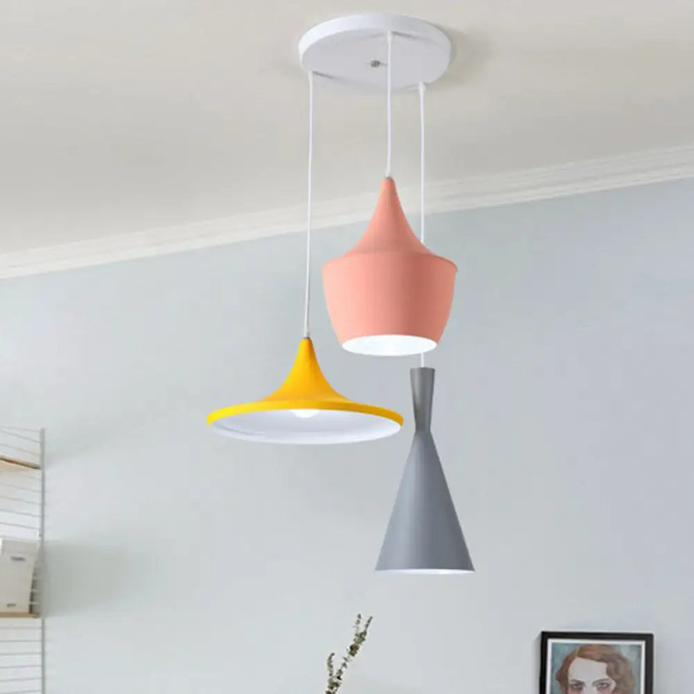 Minimalistic Shaded Hanging Lighting: Metallic 3-Head Pink-Yellow Pendant / Round