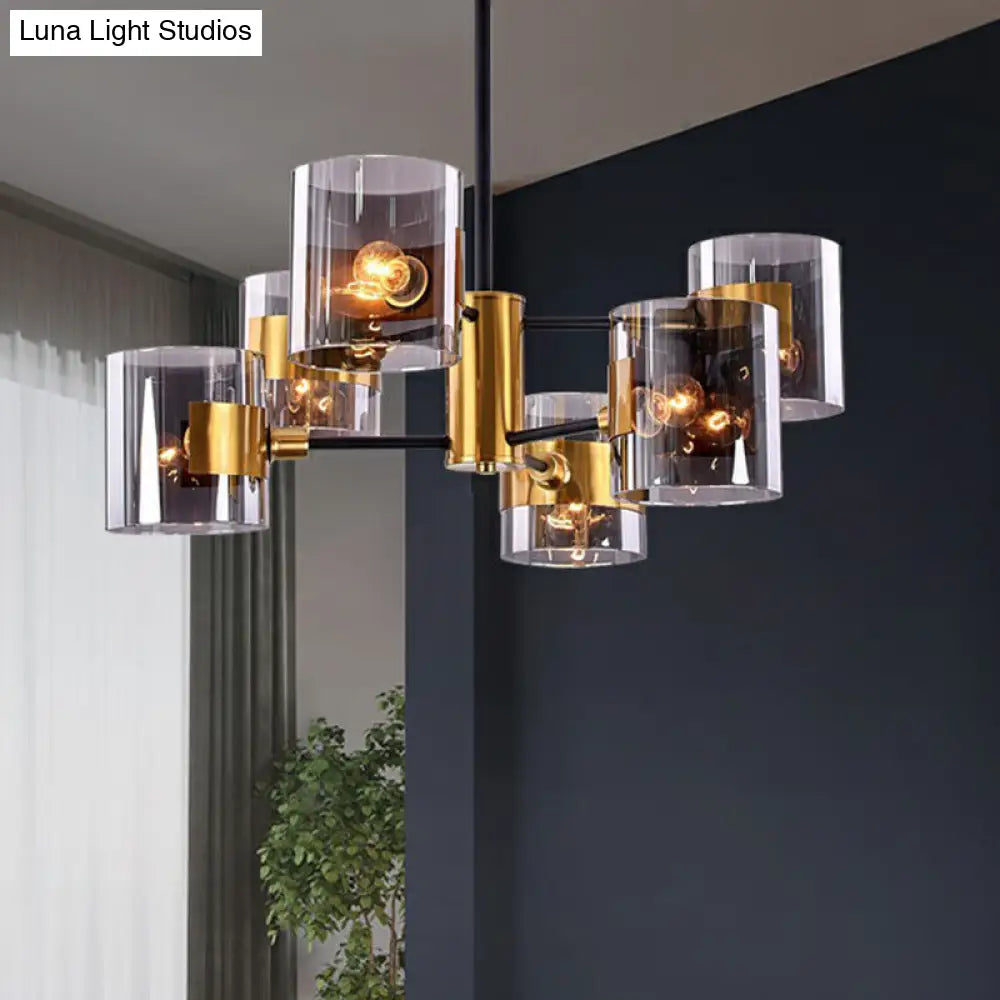 Minimalistic Smoke Grey Glass Cylinder Chandelier With Black-Brass Ceiling Pendant Light For Dining