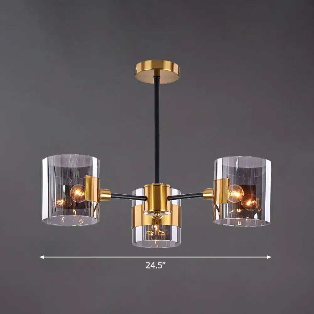 Minimalistic Smoke Grey Glass Cylinder Chandelier: Black-Brass Ceiling Pendant Light For Dining