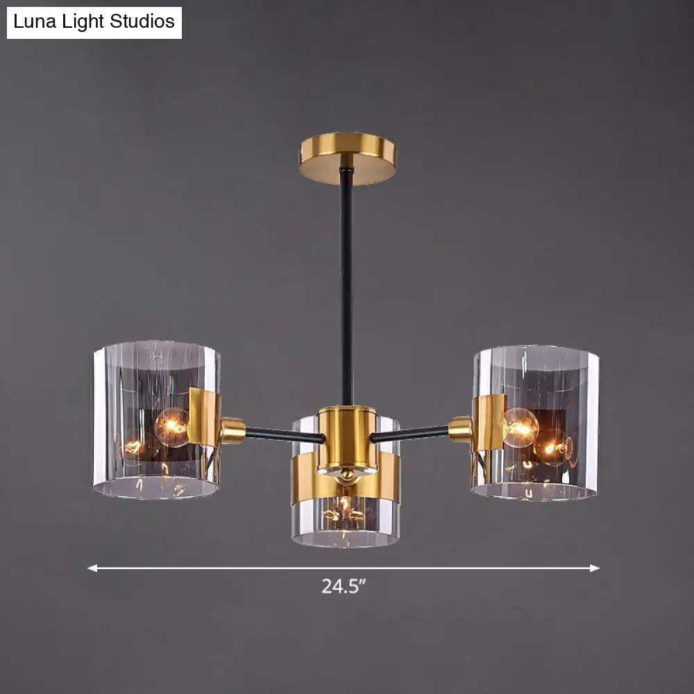 Minimalistic Smoke Grey Glass Cylinder Chandelier With Black-Brass Ceiling Pendant Light For Dining