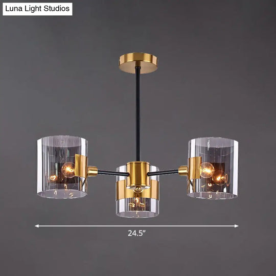 Minimalistic Smoke Grey Glass Cylinder Chandelier With Black-Brass Ceiling Pendant Light For Dining