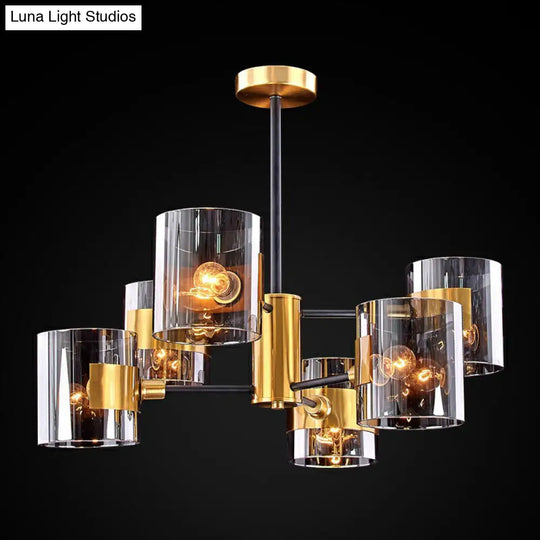 Minimalistic Smoke Grey Glass Cylinder Chandelier With Black-Brass Ceiling Pendant Light For Dining