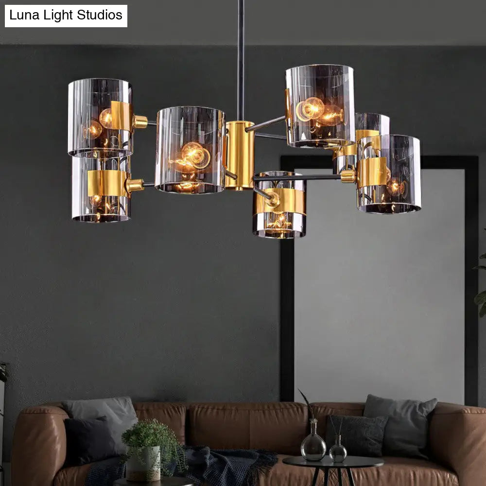 Minimalistic Smoke Grey Glass Cylinder Chandelier: Black-Brass Ceiling Pendant Light For Dining Room