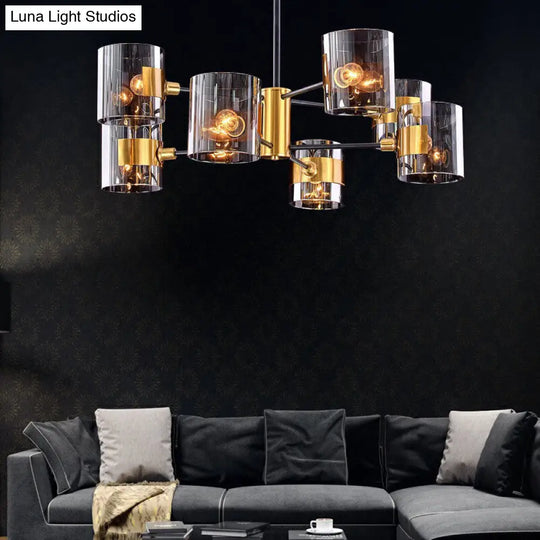 Minimalistic Smoke Grey Glass Cylinder Chandelier With Black-Brass Ceiling Pendant Light For Dining