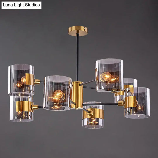 Minimalistic Smoke Grey Glass Cylinder Chandelier: Black-Brass Ceiling Pendant Light For Dining Room