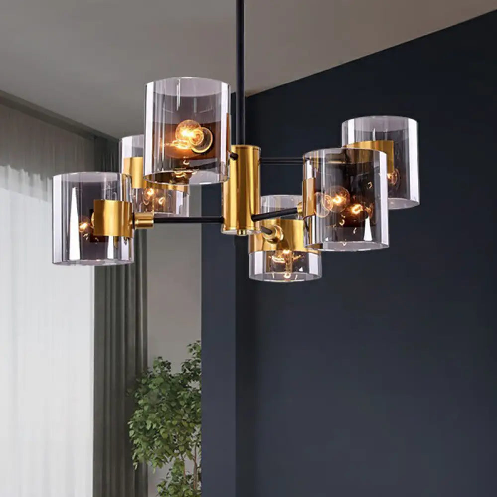 Minimalistic Smoke Grey Glass Cylinder Chandelier: Black-Brass Ceiling Pendant Light For Dining