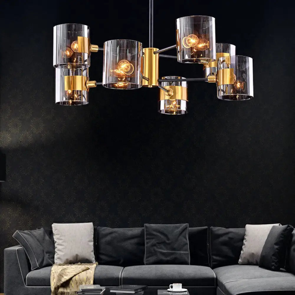 Minimalistic Smoke Grey Glass Cylinder Chandelier: Black-Brass Ceiling Pendant Light For Dining