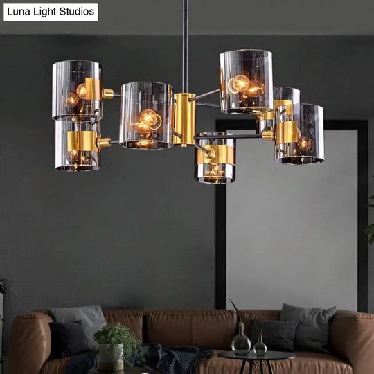 Minimalistic Smoke Grey Glass Cylinder Chandelier With Black-Brass Ceiling Pendant Light For Dining