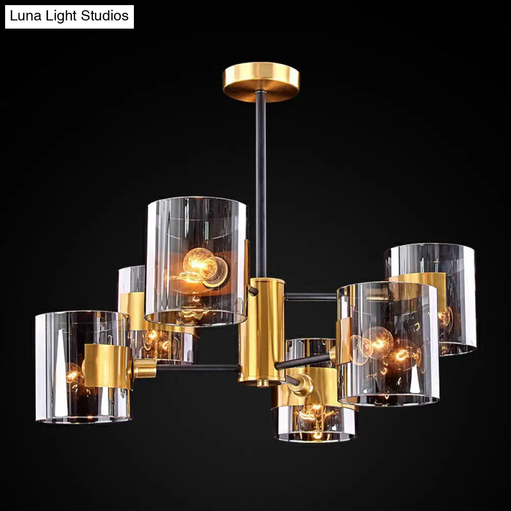 Minimalistic Smoke Grey Glass Cylinder Chandelier: Black-Brass Ceiling Pendant Light For Dining Room