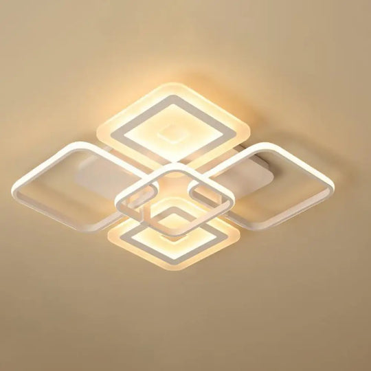 Minimalistic White Square Semi Flush Mount Ceiling Fixture With 5 Acrylic Heads - Warm/White Light