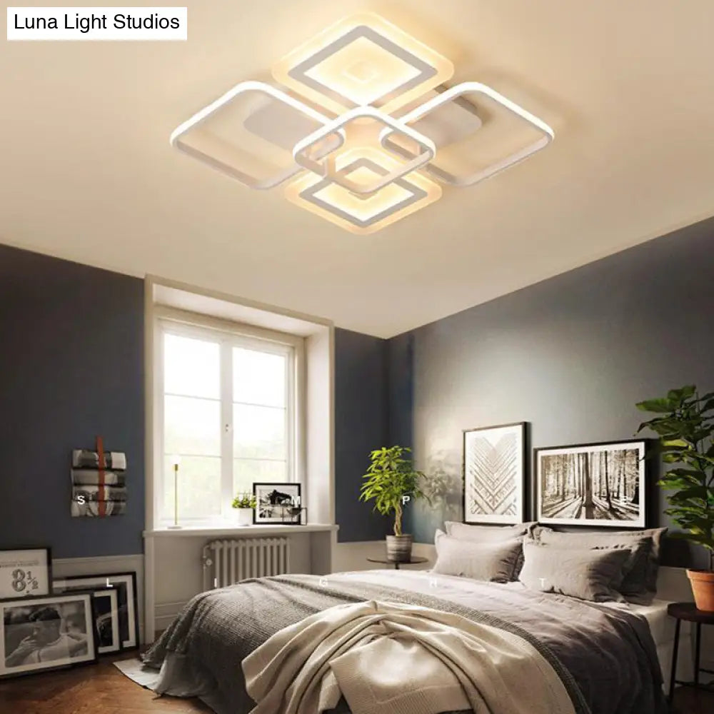 Minimalistic White Square Semi Flush Mount Ceiling Fixture With 5 Acrylic Heads - Warm/White Light