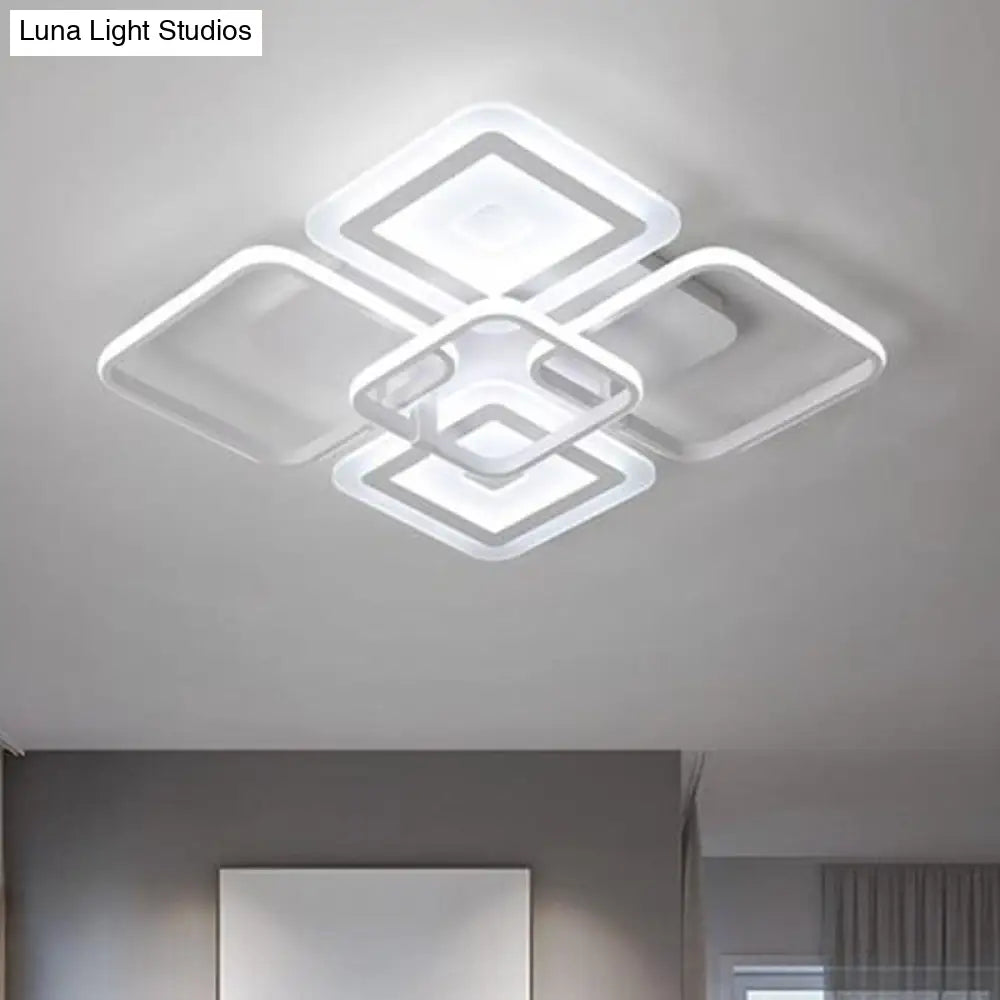 Minimalistic White Square Semi Flush Mount Ceiling Fixture With 5 Acrylic Heads - Warm/White Light /